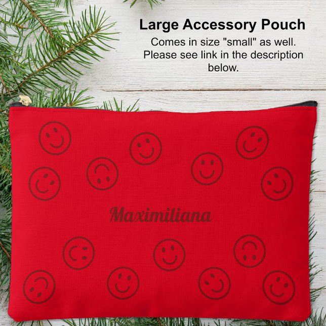 Happy Faces Red on LightRed- LARGE Accessory Pouch (Large Accessory Pouch - Happy Faces Red on Light Red by Leapfroglisics Shop)