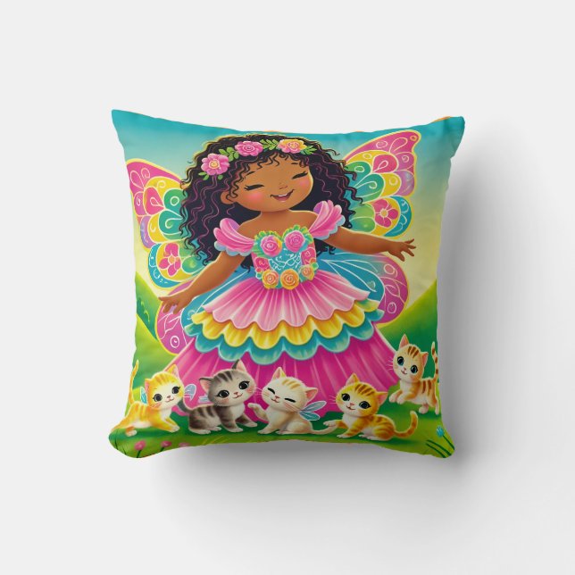 "HAPPY FAIRY with KITTENS" - THROW PILLOW (Front)
