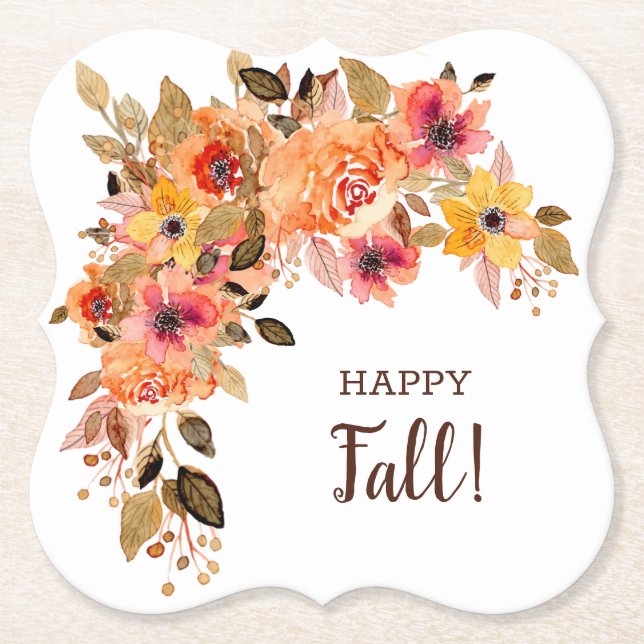 Happy Fall Autumn Flower Blooms Bracket Paper Coaster (Front)