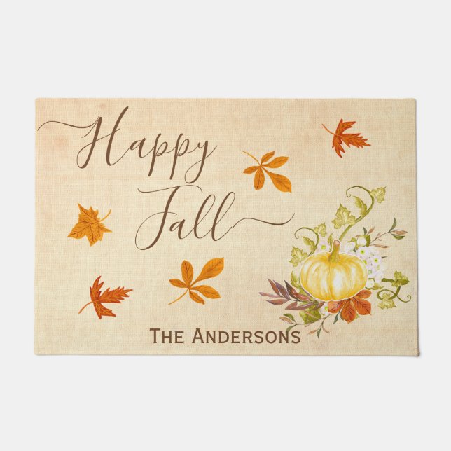 Happy Fall | Autumn Leaves and Pumpkin Doormat (Front)