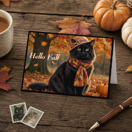 Happy Fall Autumn Leaves Black Cat in a Hat   Card