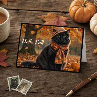Happy Fall Autumn Leaves Black Cat in a Hat   Card