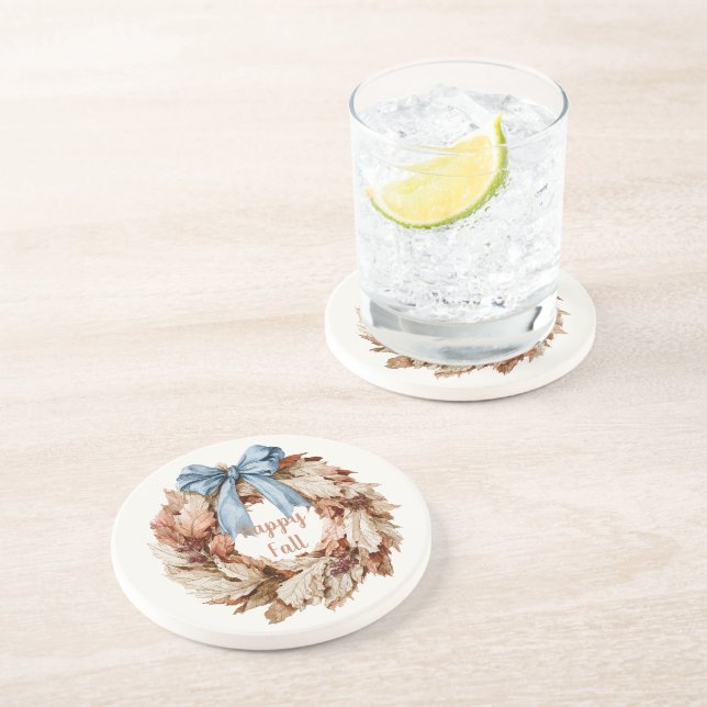 Happy Fall Blue Ribbon Leaves Wreath Coaster (Side)