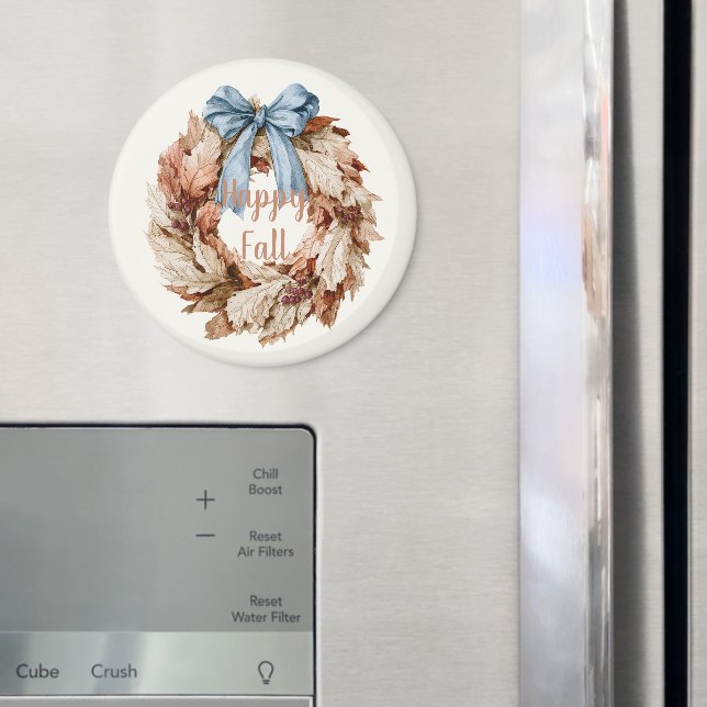 Happy Fall Blue Ribbon Leaves Wreath Magnet (In Situ (Fridge))