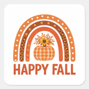 Happy Fall Boho Rainbow Leopard Pumpkin Autumn Square Sticker