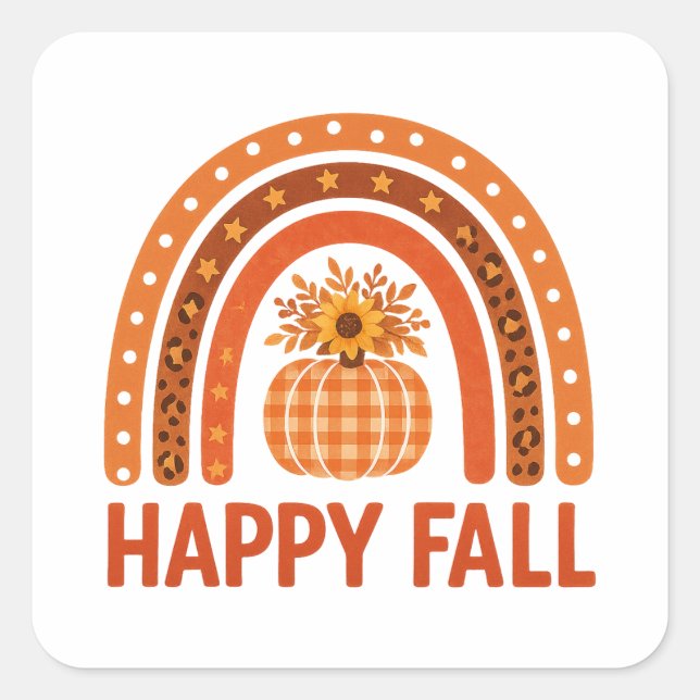 Happy Fall Boho Rainbow Leopard Pumpkin Autumn Square Sticker (Front)
