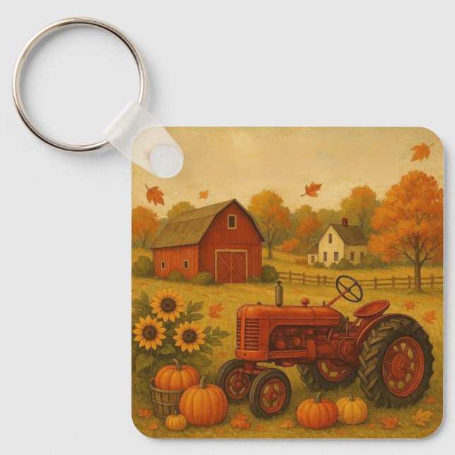 Happy fall classic tractor and farm key ring (Front)
