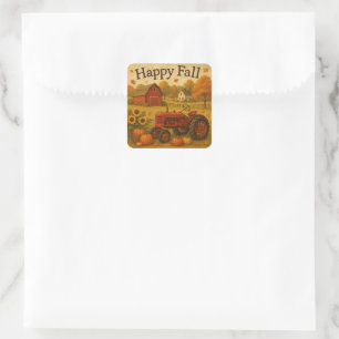 Happy fall classic tractor and farm square sticker