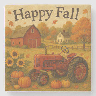 Happy fall classic tractor and farm stone coaster