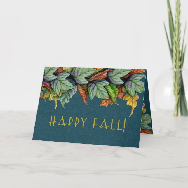 Happy Fall!, Fall Leaves on Dark Teal Linen Look Card (Front)