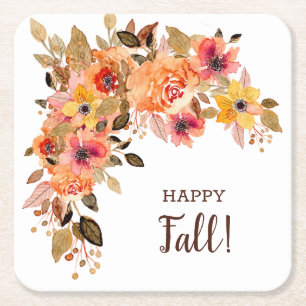 Happy Fall Flower Blooms Square Paper Coaster