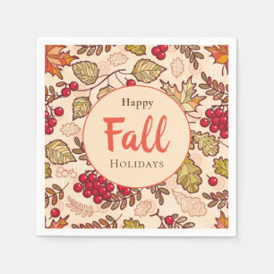 Happy Fall Holidays Autumn Leaves Red Berries  Napkin
