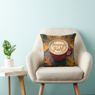Happy Fall Latte In Red Mug With Autumn Leaves Cushion