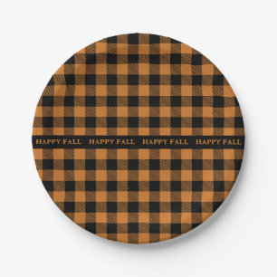 happy fall orange black pattern paper plate