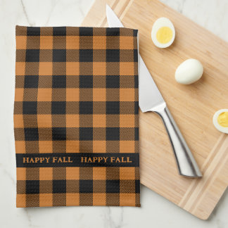 happy fall orange check pattern tea towel