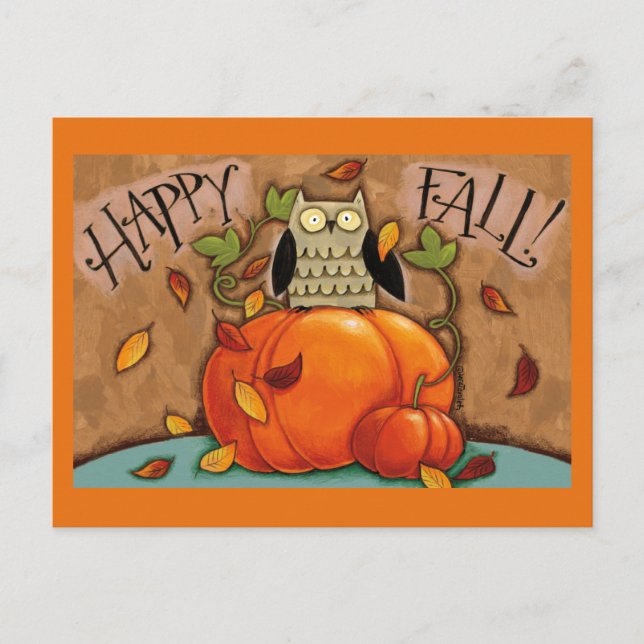 Happy Fall Owl and Pumpkin Postcard (Front)