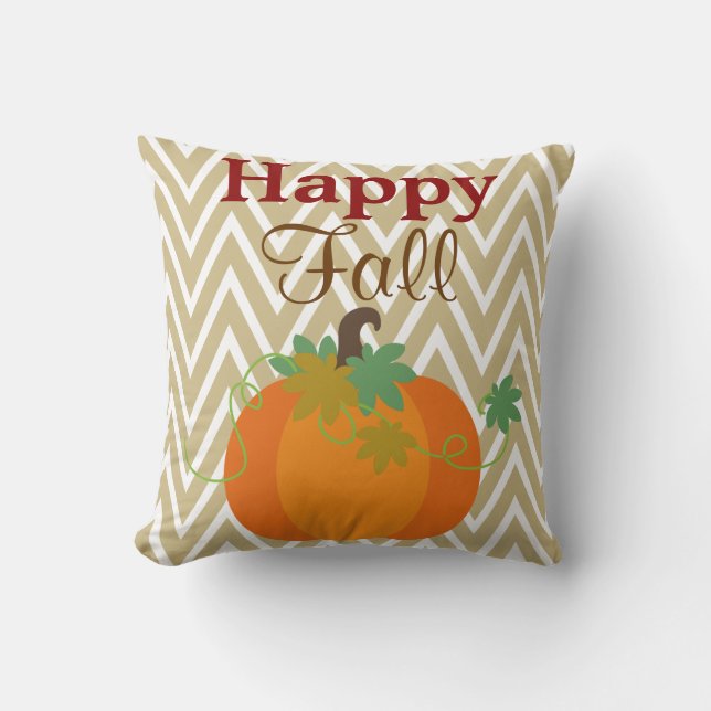 Happy Fall Pumpkin Chevron Zigzag Pattern Throw Cushion (Front)