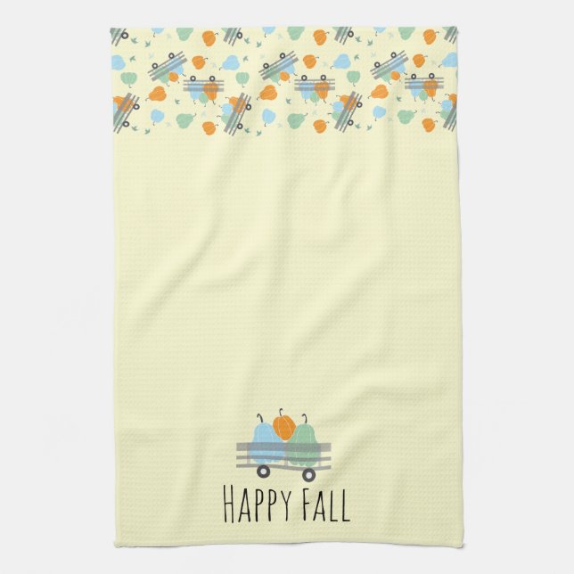 Happy Fall Pumpkin In Wagon Pattern Tea Towel (Vertical)
