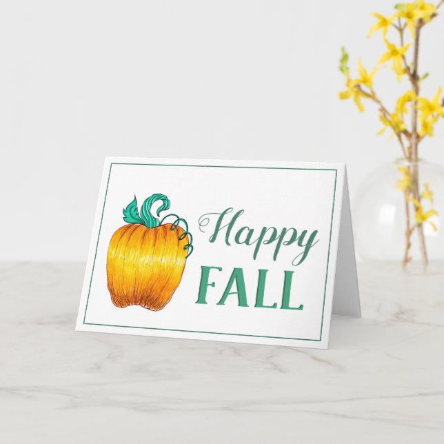 "Happy Fall" Pumpkin Teal themed greeting card (Yellow Flower)