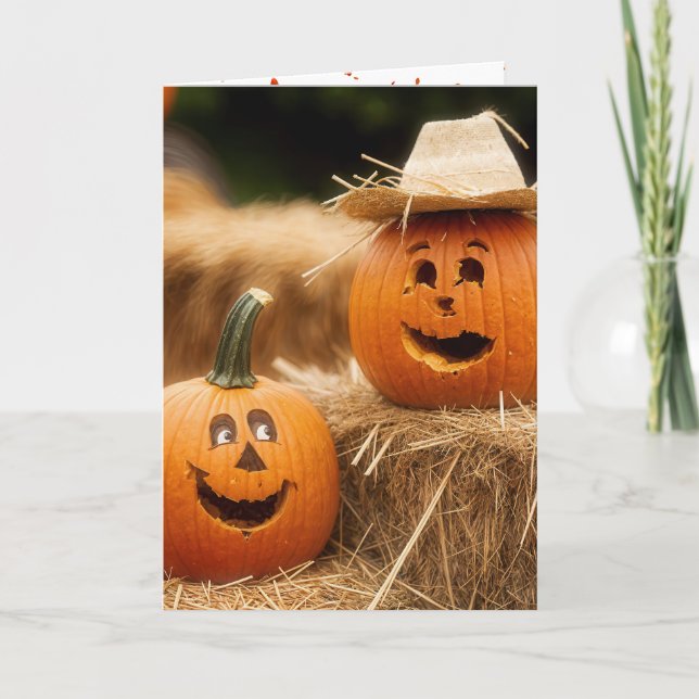 Happy Fall Pumpkins On Hay Bales Card (Front)