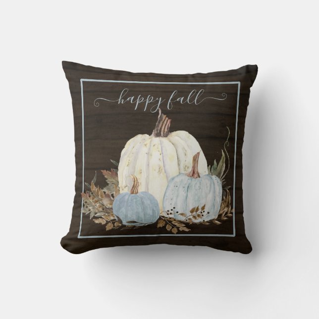 Happy Fall Script Blue White Pumpkins Rustic Wood Cushion (Front)