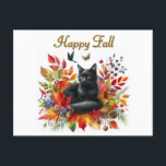 Happy Fall Season Black Cat Postcard<br><div class="desc">This Happy Fall Season Postcard features colourful burgundy and copper-coloured leaves and a beautiful black cat. The greeting "Happy Fall" is written in copper-coloured script lettering. You can personalise this postcard to make it your own. This postcard is a great seasonal card for cat lovers to enjoy. It's perfect for...</div>