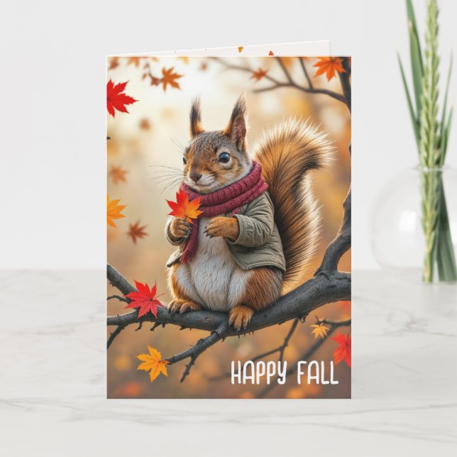 Happy Fall Squirrel Holding a Maple Leaf Card (Front)