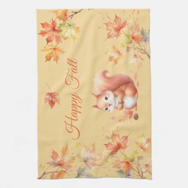 Happy Fall Squirrel in Leaves Tea Towel (Vertical)