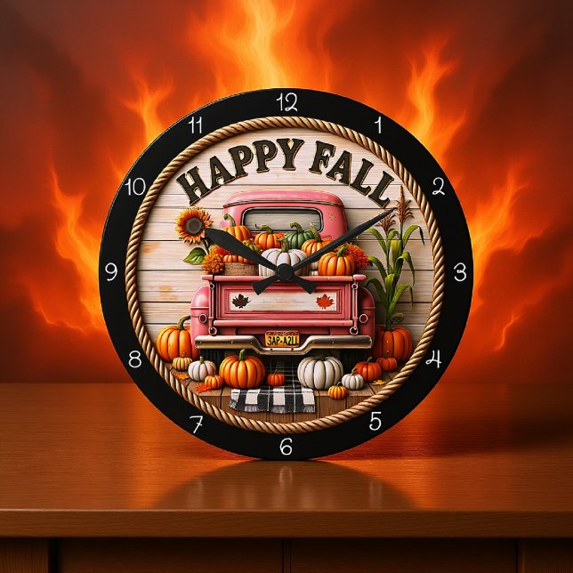 Happy Fall Truck Pumpkin  Large Clock (Creator Uploaded)