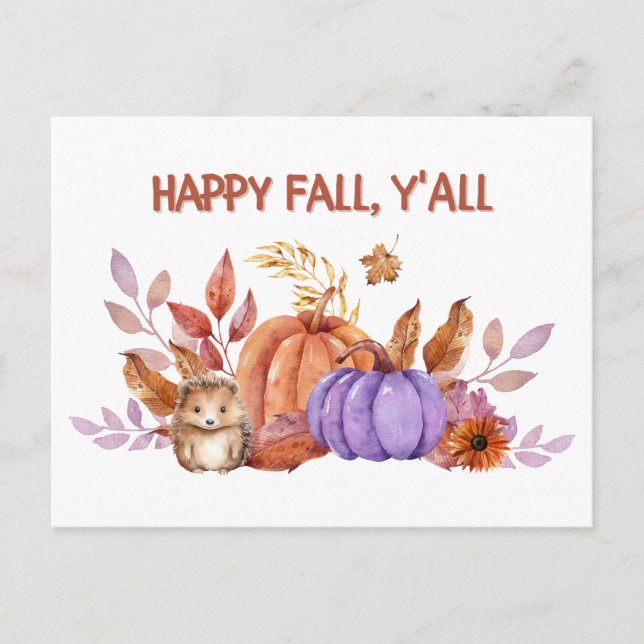 Happy Fall Watercolor Pumpkins and Hedgehog Postcard (Front)