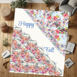 Happy Fall White Pumpkin Watercolor Floral Blooms  Sherpa Blanket