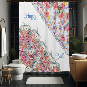 Happy Fall White Pumpkin Watercolor Floral Blooms  Shower Curtain