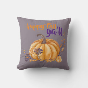 Happy Fall Ya ll Watercolor Pumpkin Purple Orange Cushion