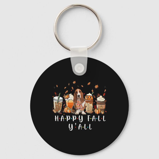 Happy Fall Y'all Bysset Hound Dog Coffee Pumpkin F Key Ring (Front)