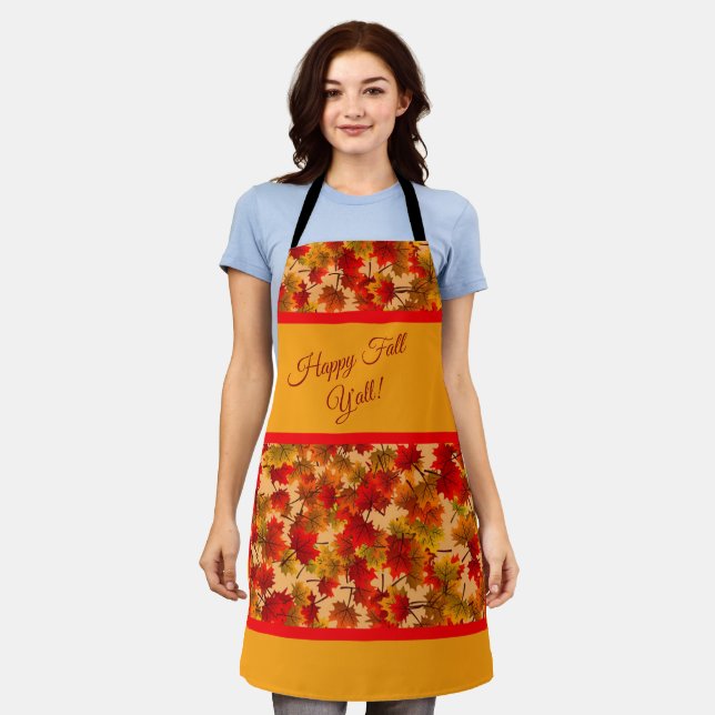Happy Fall Y'All - Colourful Maple Leaves Foliage Apron (Worn)