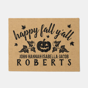 Happy Fall Y'all Custom Rustic Burlap Pumpkin Leaf Doormat