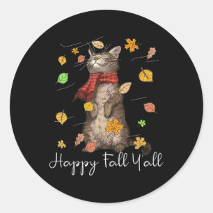 Happy Fall Y'all Cute Autumn Cat Kitten Kitty Fall Classic Round Sticker
