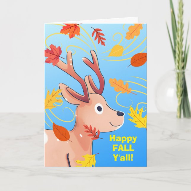 Happy Fall Y'all Cute Baby Deer with Autumn Leaves Card (Front)