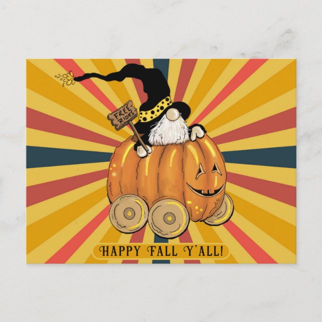 Happy Fall Y'all Cute Funny Gnome Pumpkin Colourfu Postcard (Front)