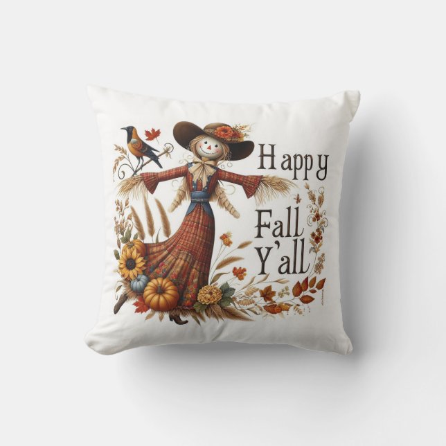 Happy Fall Ya'll Cute Scarecrow and Autumn Foliage Cushion (Front)