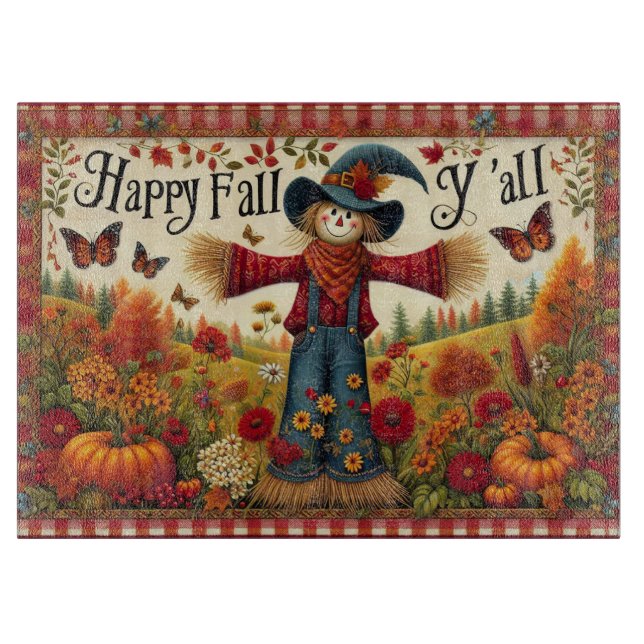 Happy Fall Ya'll Cute Scarecrow and Autumn Harvest Cutting Board (Front)