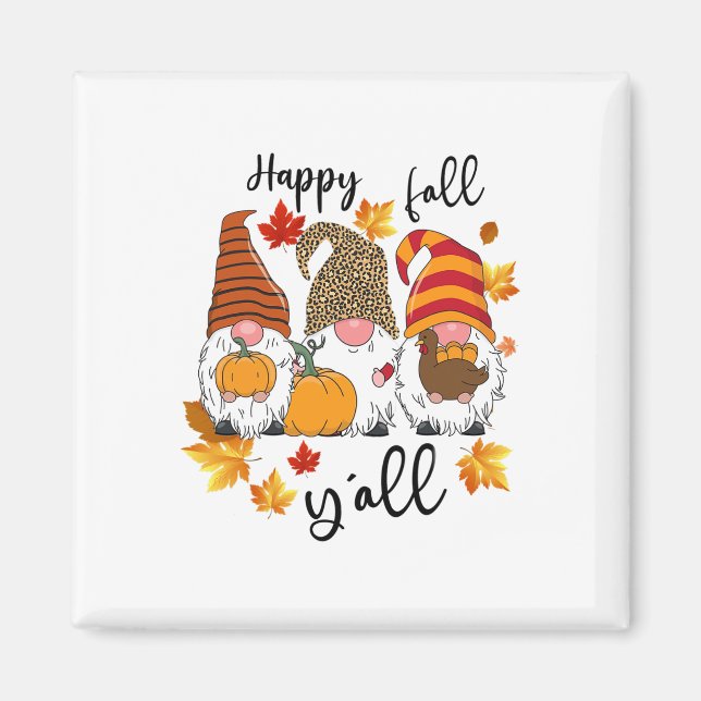 Happy Fall Y'all Cute Three Gnomes Leopard Pumpkin Magnet (Front)