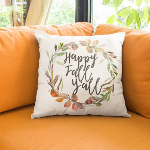 Happy Fall Y'all Fall Boho Watercolor Leaves Cushion