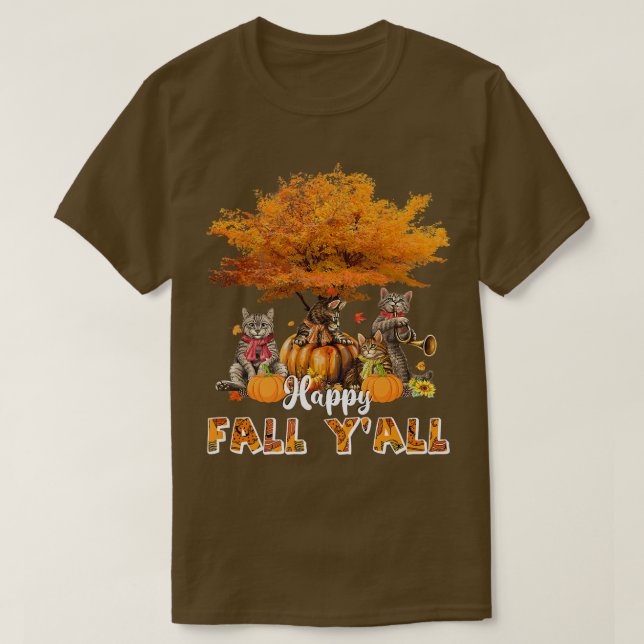 Happy Fall Y'all Funny Cats Autumn Lover Pumpkins  T-Shirt (Design Front)