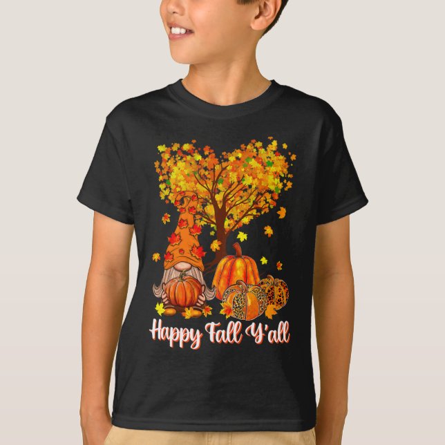 Happy Fall Y'all Funny Gnome Leopard Pumpkin Autum T-Shirt (Front)