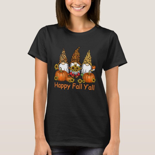 Happy Fall Y'all Gnome Leopard Pumpkin  Autumn Gno T-Shirt (Front)