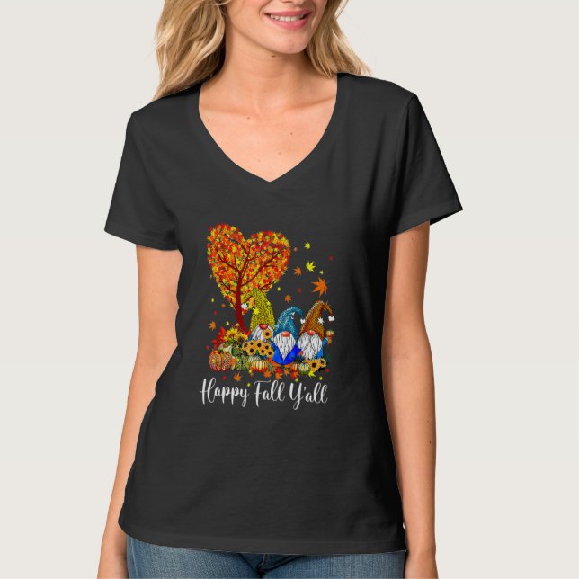 Happy Fall Y'all Gnome Leopard Pumpkin  Autumn Gno T-Shirt (Front)