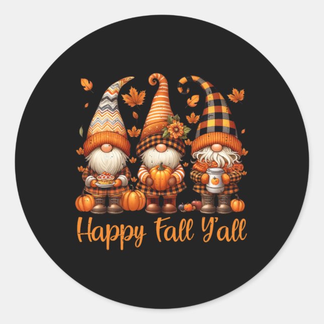Happy Fall Y'all Gnome Pumpkin Autumn Thanksgiving Classic Round Sticker (Front)