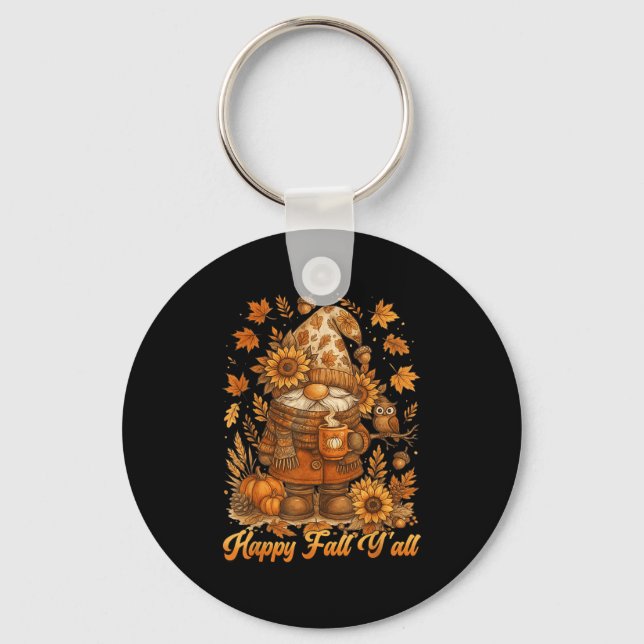 Happy Fall Y'all Gnome Pumpkin Autumn Thanksgiving Key Ring (Front)