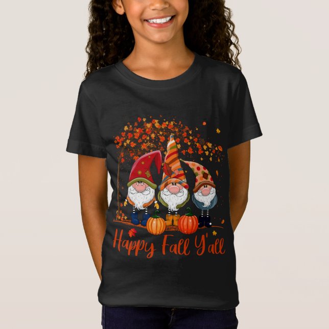 Happy Fall Y'all Gnomes tree Pumpkin Autumn thanks T-Shirt (Front)